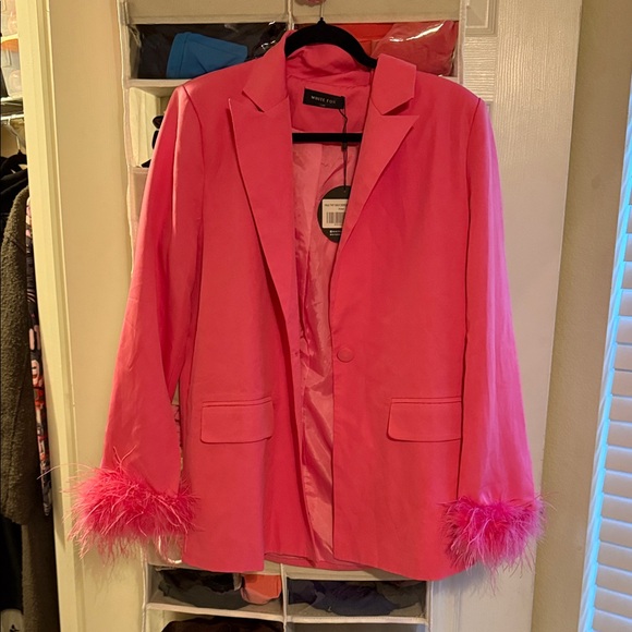 White Fox Boutique Jackets & Blazers - White Fox Vibrant Pink Blazer with Feather Cuffs
